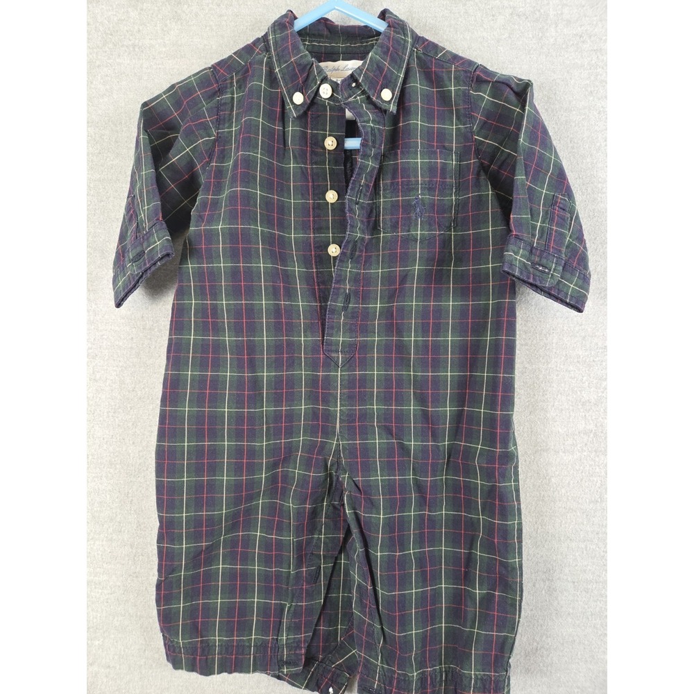 Ralph‎ Lauren Baby Boy 3-6 Months Plaid Romper Jumpsuit Blue Green Pony Logo